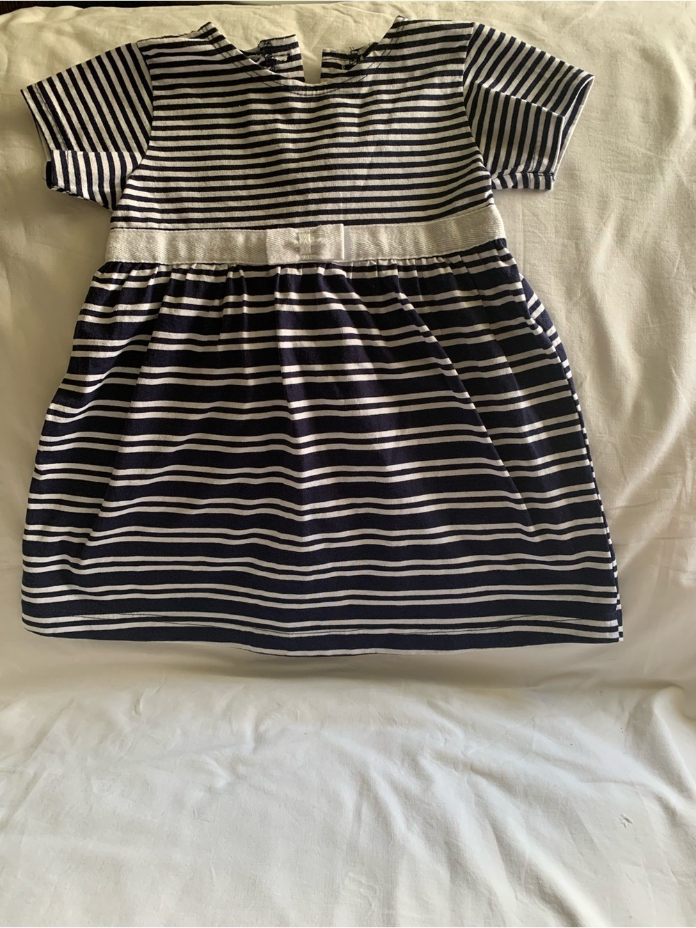 Vintage Girls' Navy and White Striped Short-Sleeve Dress